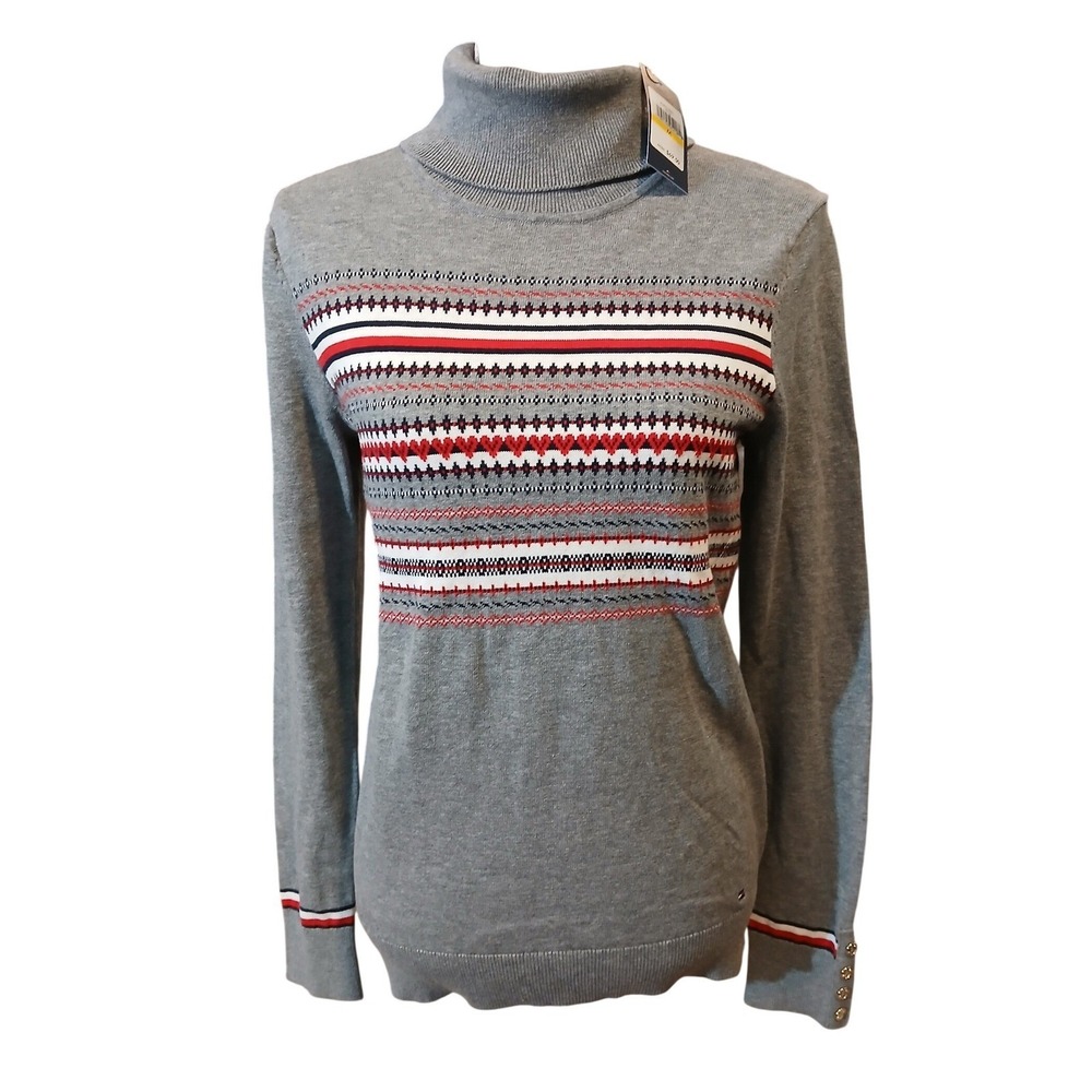 Tommy Hilfiger Women Gray Fair Isle Knit Turtleneck Sweater Size Medium Preppy